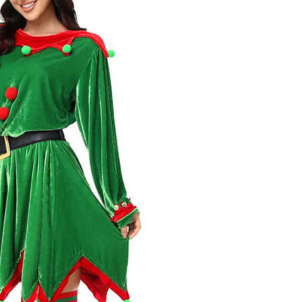 Women 6pcs Adult Christmas Cosplay Costume Accessories Elf Ears Dress Belt Shoes Covers and Striped Stockings Sets Costumes