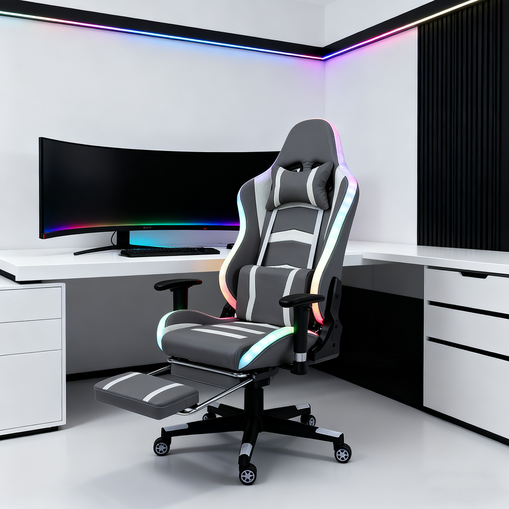 RGB Racing Gaming Chair with LED Lights and Remote Control, PU Leather Ergonomic Recliner