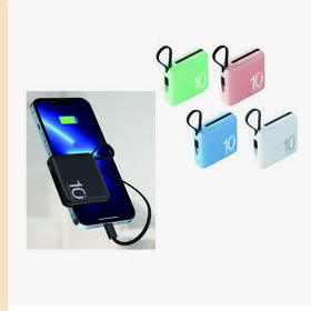 Portable Fast Charging Mini Power Bank with Built-in Type-C Cable. Capacity of 5,000 mAh.