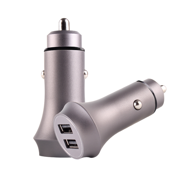 Aluminum car charger 2 charging port grey color for phone