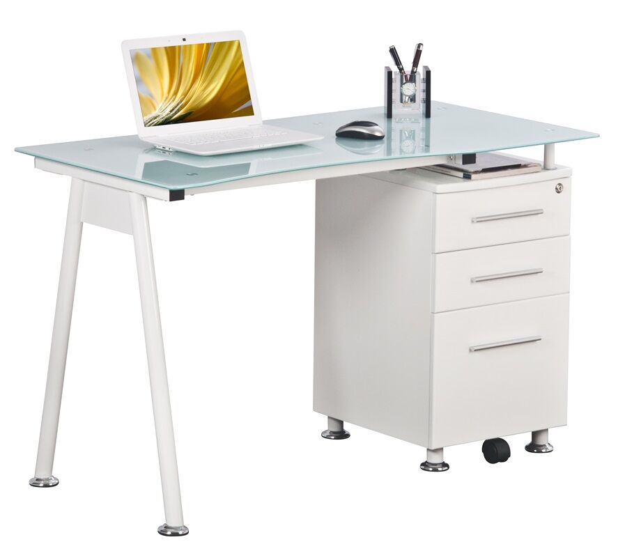 OLIN Durable White Computer Desk With 3-Drawer Pedestal 47"W Home Office Table Study Writing Desk With Glass Desktop